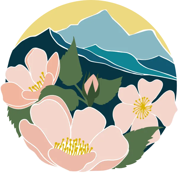 Illustration of pale pink roses in front of blue mountains with a golden sky