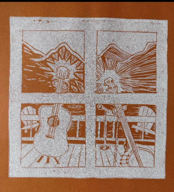 Linocut print depicting a four-panel scene of a guitar on a porch with a mountainous landscape in the background.