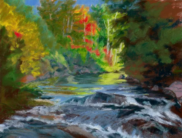 A pastel artwork of a river in the fall.
