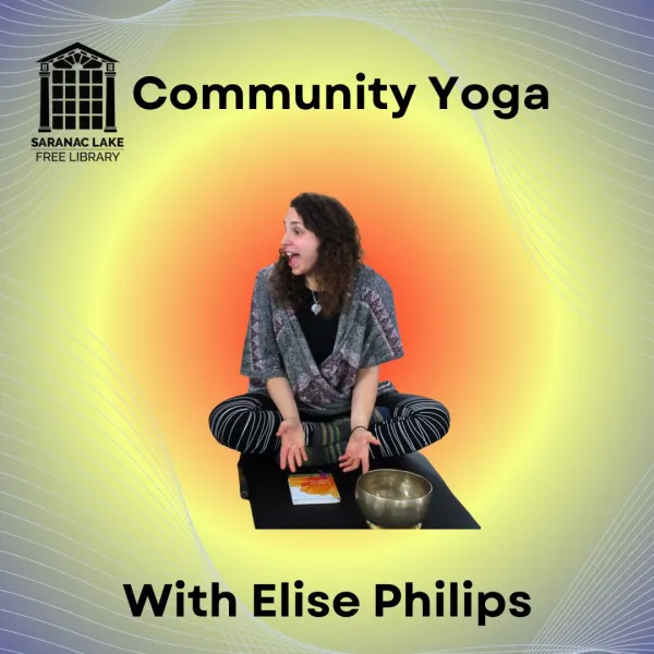 A happy and energetic woman sits on a yoga mat with the words ' Community Yoga with Elise Phillips"