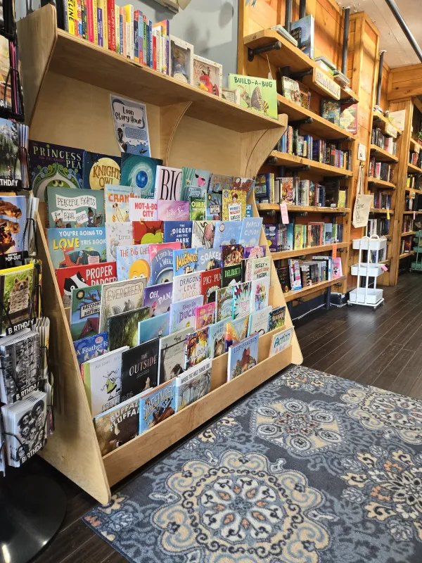 Shelves full of colorful Kids books by a comfy rug