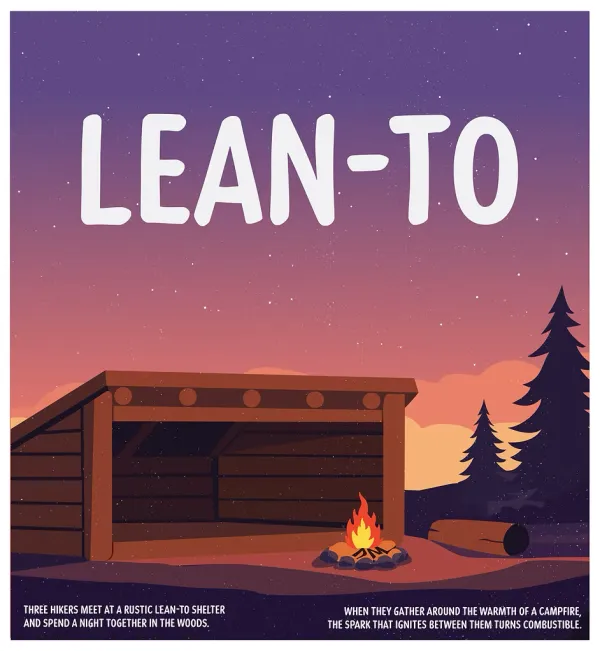 a lean-to with a fire in a ring with a red and purple sunset.