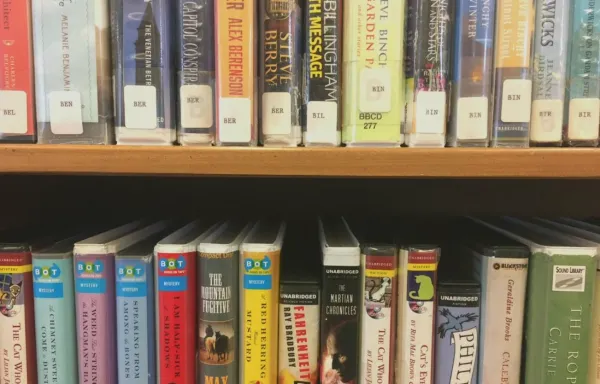 Books arranged on a shelf with their library stickers on the spine