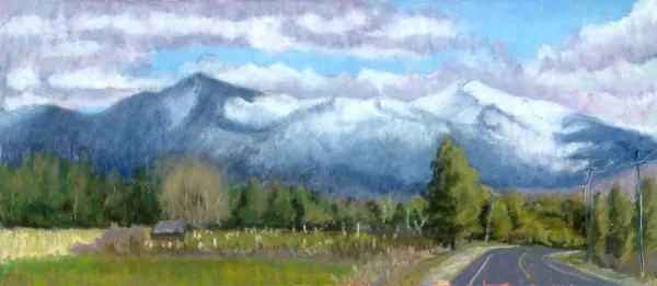 A pastel creation of a meadow and mountains.