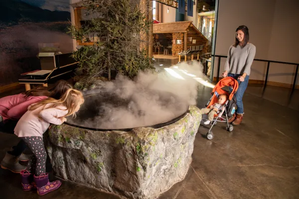 A family explores a foggy exhibit at Tupper Lake's Wild Center