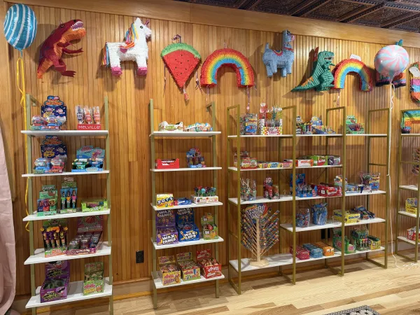Shelves of candy in colorful bags at Sugar Shack.
