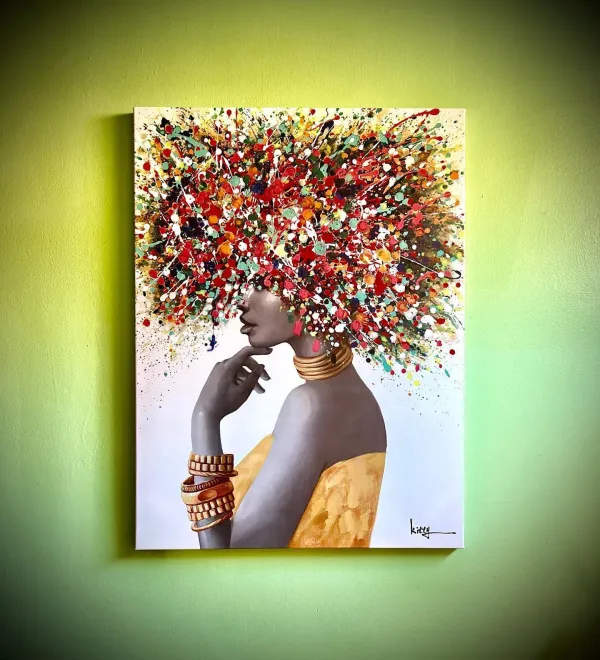 A painting of a black woman in profile with junky gold jewelry at neck and wrist and a rainbow of paint splatters for an afro