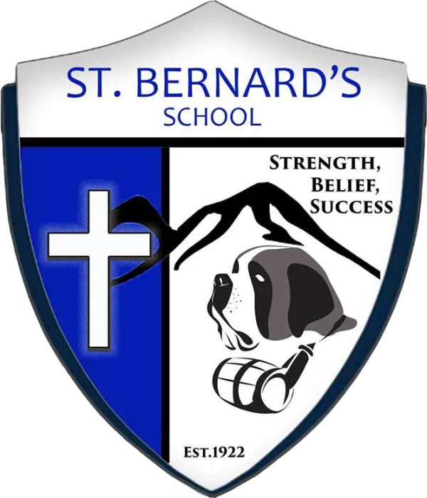 St Bernards School logo of sheild, cross and a st bernard dog with flask