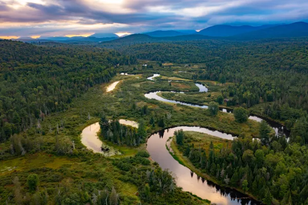 Aerial view of the meandering Saranac River