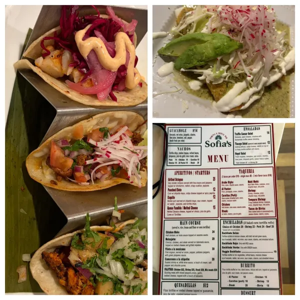 Collage of tacos and menu for Sofias