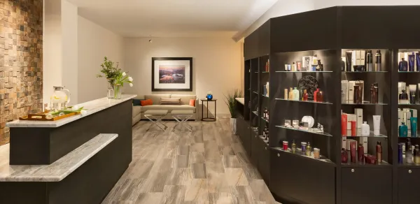View of the retail and reception area of Ampersand Salon and Spa inside of Hotel Saranac