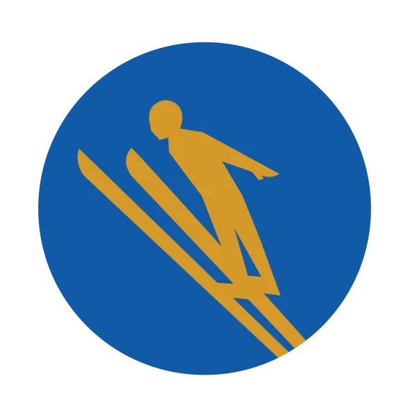 The Devlin Logo - a person on skis doing a long distance jump, gold on a blue background