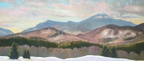 A mountain painting showing the alpine line where deciduous trees give way to the pines.