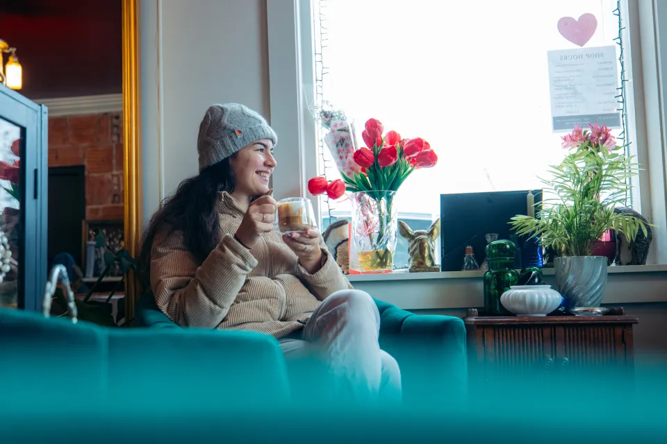 Sipping coffee in winter.