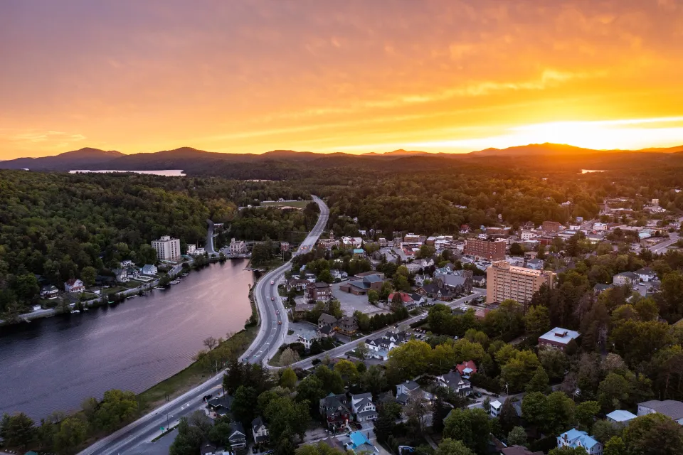 A drone view of the town of Saranac Lake.
